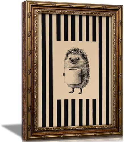 Vintage Gold Framed Funny Bathroom Wall Art, Hedgehog Holding Toilet Paper Canvas Print, Black and White Striped Funny Animal Sketch Wall Decor, Antique Rustic Farmhouse Poster Artwork for Restroom