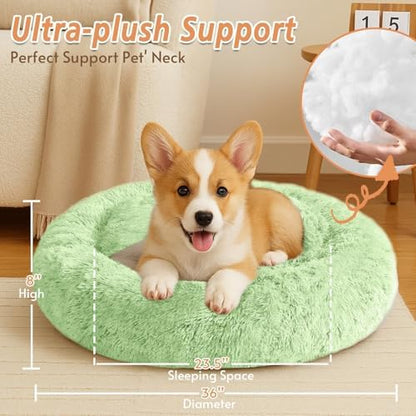 JOLLYVOGUE Calming Dog Beds Large Sized Dog, 36in Donut Washable Large Pet Bed, Anti-Slip & Anti-Anxiety Fluffy Faux Fur Round Dogs Bed, Fits up to 80 lbs Pets (Light Green)