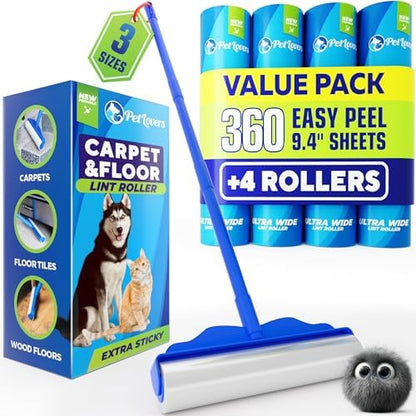 PetLovers Large Lint Roller with 3 Refills – 360 Total Sheets for Tackling Pet Hair, Extra Large Floor and Carpet Roller for Homes with Pets, Perfect for Floors, Furniture, and Loving Pet Owners