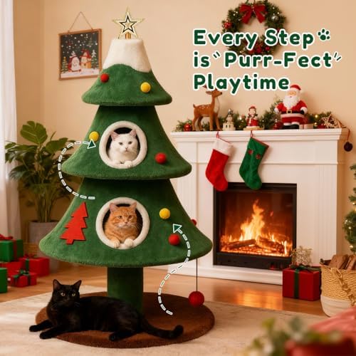 COMHOMA Christmas Cat Tree with 2 Cozy Houses,52" Holiday Cat Tower with Anti-Tip Safety,Festive Indoor Cat Climbing Furniture with Dangling Balls,Cat House and Climbing Tower for Kittens