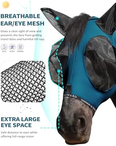 Harrison Howard Horse Fly Mask with Forelock Opening Stretch Breathable and Comfortable for Horses UV -Protection Peacock Blue M