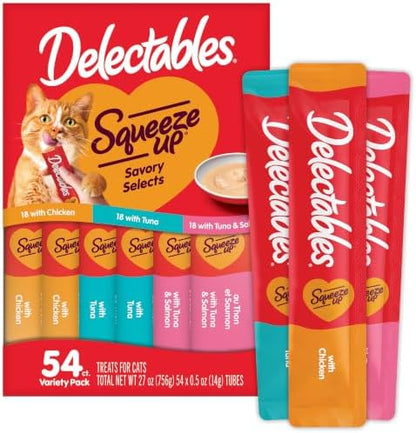 Delectables Squeeze Up Variety Pack, Creamy Squeezable Puree, Lickable Wet Cat Treats, Grain Free, No Fillers, by-Products, Preservatives, 0.5 Ounces Tube, 54 Tubes Total