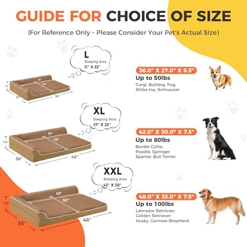 XL Orthopedic Dog Bed for Large Sized Dogs, 42"x30"x7.5", Camel