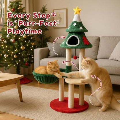 LUCKLIFE 48" Christmas Cat Tree with 2 Cozy Houses,Indoor Modern Cats Tower with Anti-Tip Kit,Plush Perches & Hanging Balls,Holiday Cat Climbing Furniture for Kittens to Play and Sleep