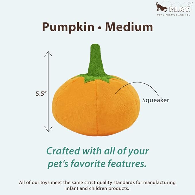 P.L.A.Y. Cute Plush Dog Toys - Fruit & Vegetable Themed Durable Squeaker Chew Toy, Great for Puppies & Small, Medium, Large Dogs - Machine Washable, Recycled Materials (Garden Fresh Pumpkin, Medium)