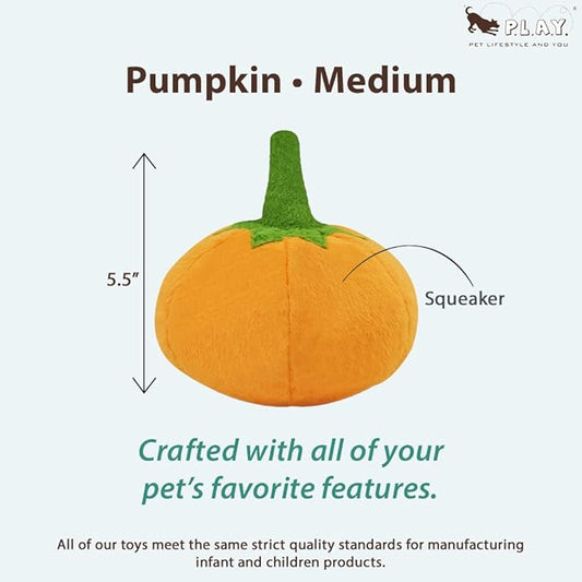 P.L.A.Y. Cute Plush Dog Toys - Fruit & Vegetable Themed Durable Squeaker Chew Toy, Great for Puppies & Small, Medium, Large Dogs - Machine Washable, Recycled Materials (Garden Fresh Pumpkin, Medium)
