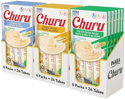 INABA Churu Lickable Creamy Purée Cat Treats 3 Flavor Tuna and Chicken Variety Pack, 4 Count Pack of 18 (72 Tubes Total)