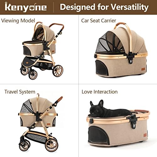 Kenyone Pet Stroller 3 in 1 for Medium Small Size Dogs Luxury Large Cat Stroller Detachable Carrier for Puppy, Kitty, Doggie (C510L Khaki)