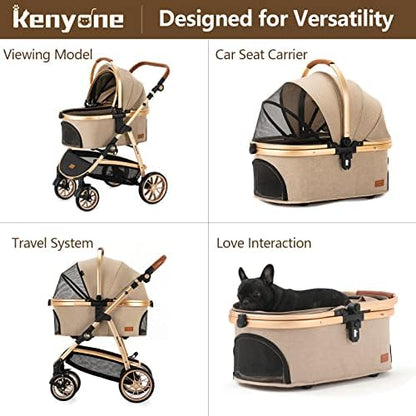 Kenyone Pet Stroller 3 in 1 for Medium Small Size Dogs Luxury Large Cat Stroller Detachable Carrier for Puppy, Kitty, Doggie (C510L Khaki)