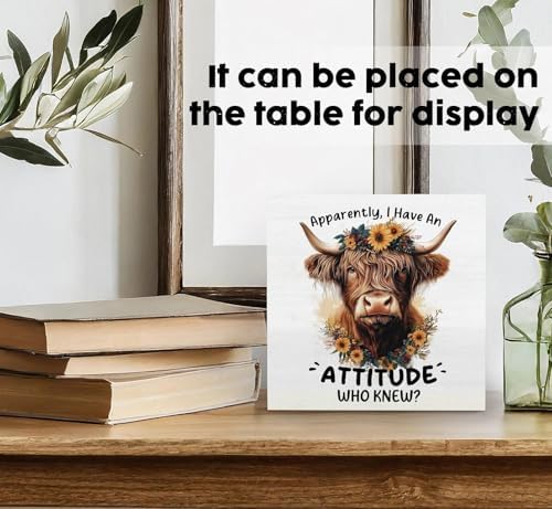 Highland Cow Sign, Farm Cottagecore Animal Office Kitchen Bedroom Decor, Apparently I Have an Attitude Who Knew Wooden Box Signs, Apparently Highland Cow Gifts for Women Men 8x8 in Decorative Signs & Plaques