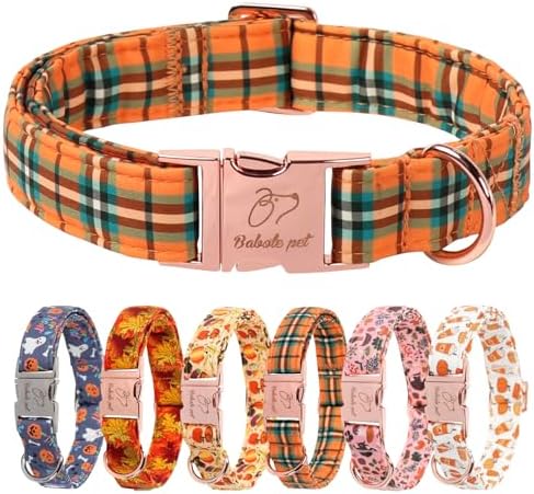 Fall Dog Collar for Large Dogs - Vintage Orange Green Plaid Tanksgiving Puppy Collar, Adjustable Heavy Duty Halloween Festivel Dog Collars with Metal Buckle XL