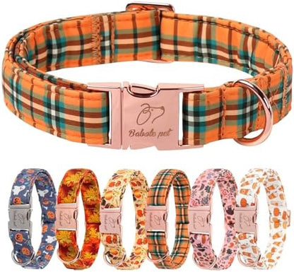 Fall Dog Collar for Small Dogs - Vintage Orange Green Plaid Tanksgiving Puppy Collar, Adjustable Heavy Duty Halloween Festivel Dog Collars with Metal Buckle S