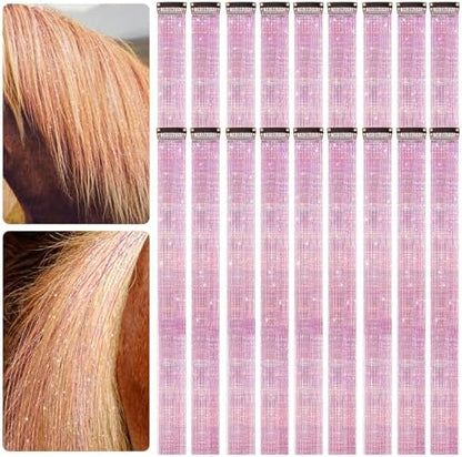 Juexica 18Pcs Horse Bling Accessories Clip in Hair Extension, Pink