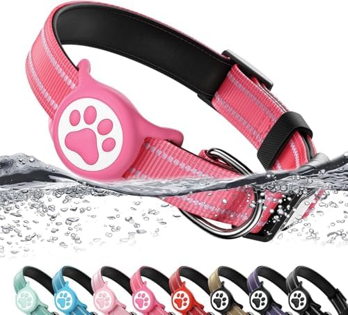 Premium Airtag Dog Collar，with IP68 Waterproof AirTag Holder,Hotpink,XS
