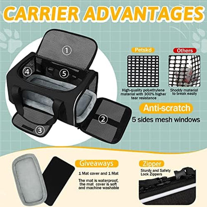 Petskd Small Pet Carrier 17" L x 11" W x 9.5" H Airline Approved, Black