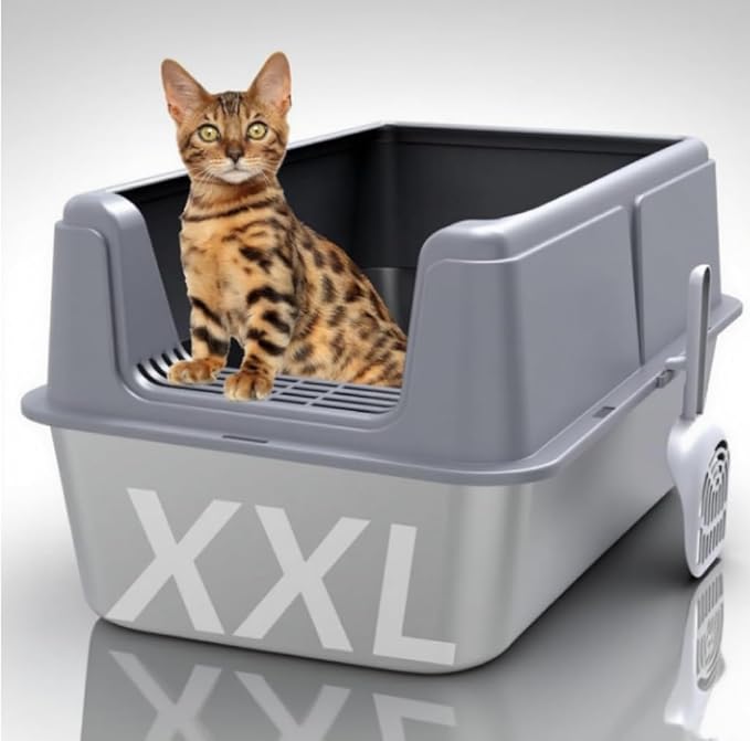 Stainless Steel Litter Box with Lid,14” XXL Litter Metal Litter Box with High Sided, Anti-Urine Leakage, Easy Cleaning & Odor-Less, Include Scoop