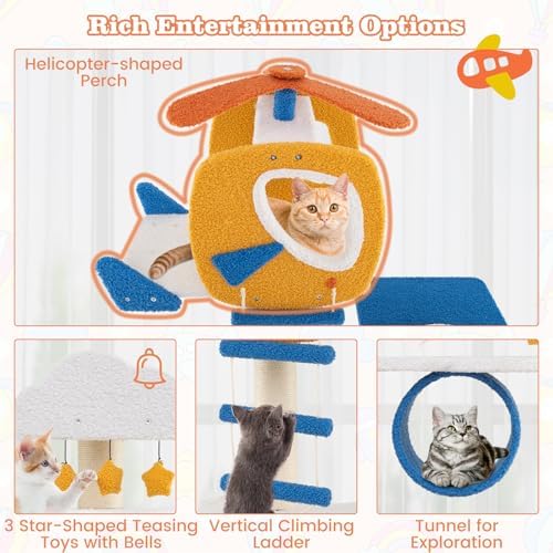 PETSITE 70 inch Tall Aviation-Themed Cat Tree Tower, Multi-Level Cute Cat Tower with Sisal Scratching Posts, Helicopter Top Perch, Basket Bed, Tunnel, Climbing Ladder, and Star-Shaped Hanging Toys