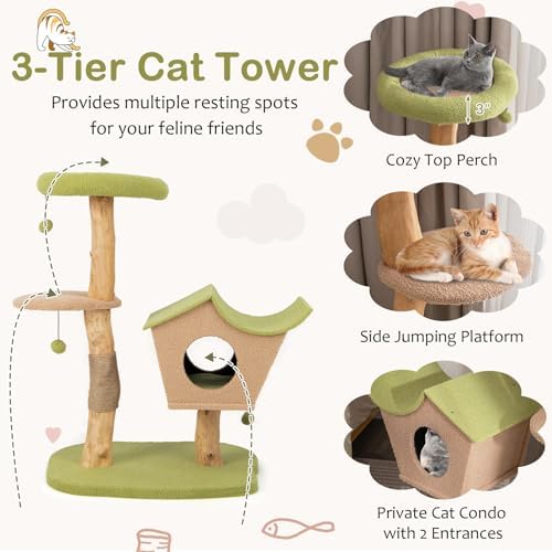 Tangkula Cat Tree, Solid Wood Cat Tower with Jute Scratching Post, Condo, Perch, Jingling Ball, Multi-Layer Activity Center, Modern Cute Cat Tree for Indoor Cats