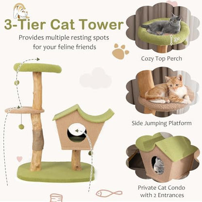 Tangkula Cat Tree, Solid Wood Cat Tower with Jute Scratching Post, Condo, Perch, Jingling Ball, Multi-Layer Activity Center, Modern Cute Cat Tree for Indoor Cats
