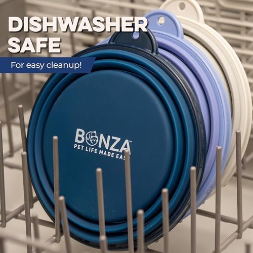 Bonza Collapsible Dog Bowls - 2 Pack, Small 12 oz, Dog Travel Accessories, Silicone Portable Dogs Bowl & Water Dish with Reinforced Rim & Carabiner for Hiking, Camping, and Car Trips, Navy Blue