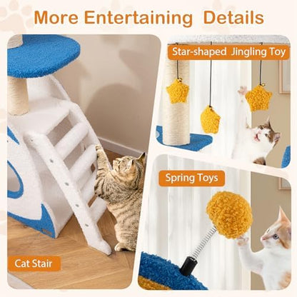 PETSITE 64.5 Inch Space-Themed Cat Tree, Multi-Level Cat Tower with Sisal Scratching Posts, UFO-Shaped Top Perch, Climbing Ladder, Hanging Star-Shaped Jingling Toys, Cute Cat Tree for Indoor Cats