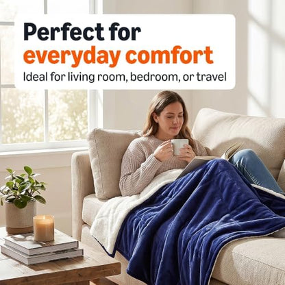 Amazon Basics Reversible Sherpa Throw Blanket, Warm for Bed and Couch, 50"x60", Navy