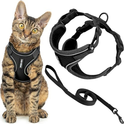 Voyager Escape-Proof Step-in Lock Cat Harness & 5ft Neoprene-Handle Leash Set All-Weather Mesh with Reflective Stitching for Small to Large Cats by Best Pet Supplies, Black (327), XXXS