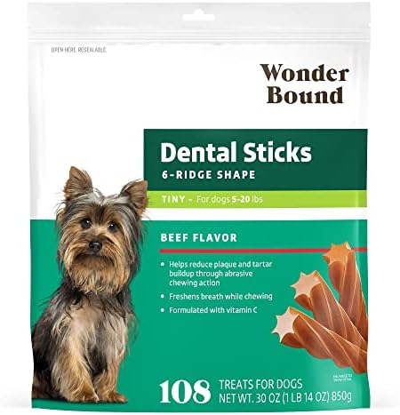 Wonder Bound Beef Flavor Dental Sticks for Tiny Dogs (5-20 lbs), 6-Ridge Shape for Plaque & Tartar Control, Freshens Breath, Formulated with Vitamin C, 108 Count