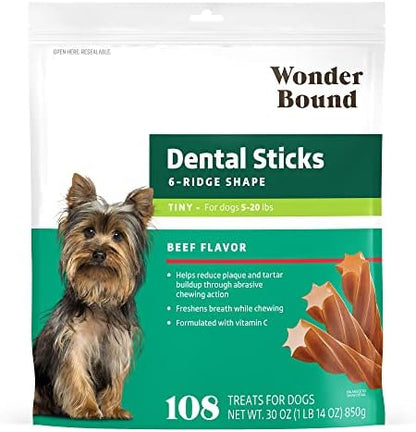 Wonder Bound Beef Flavor Dental Sticks for Tiny Dogs (5-20 lbs), 6-Ridge Shape for Plaque & Tartar Control, Freshens Breath, Formulated with Vitamin C, 108 Count
