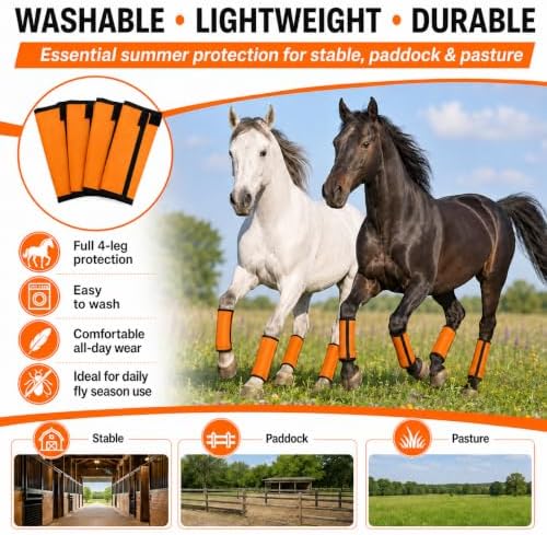 Fly Boots for Horses Set of 4 - Breathable Mesh Equine Leg Protection,Anti-Sag Stay-On Horse Fly Boots,Reduces Stomping & Fatigue,UV-Block, Adjustable Fit for Medium to Large Horses
