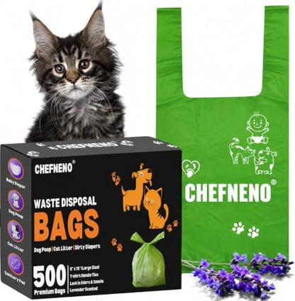 Cat Litter Waste Bags (500 ct., Green) Bulk Dog Poop Bags with Easy Tie Handles Lavender Scented Cat Litter Poop Diaper Bag Disposable Sanitary Pad Waste Bags (500 Bags)