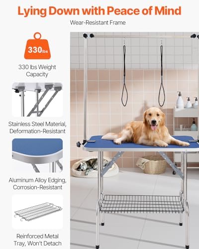 VEVOR Pet Grooming Table, 36 x 24 Inch with 2 Height Adjustable Arms, 330LBS Static Weight Capacity, Foldable Dog Groom Station with No-Sit Haunch Holder with Grooming Loop, for Medium and Small Dogs