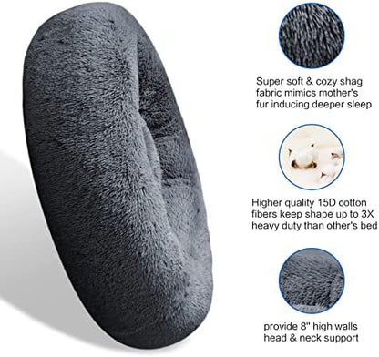 SAVFOX 23 inches Calming Donut Dog Bed - 3X Durable Plush Faux Fur, Machine Washable & Non-Slip, Fits up to 25 lbs, Dark Grey