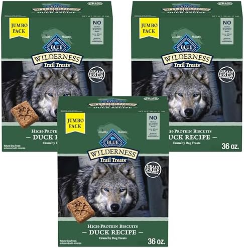 Blue Buffalo Wilderness Trail Treats High Protein Grain Free Dog Biscuits Crunchy Dog Treats, Duck Recipe, 36-oz Box, (Pack of 3)