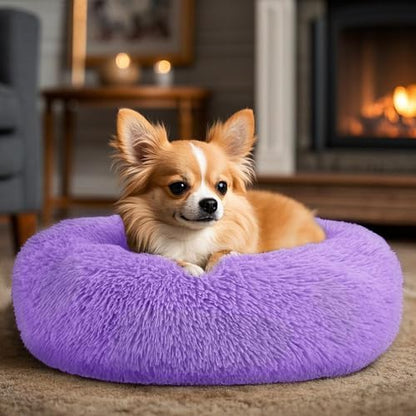 Dogs Bed for Small Dogs, Anti-Anxiety Washable Round Bed (24in Purple)