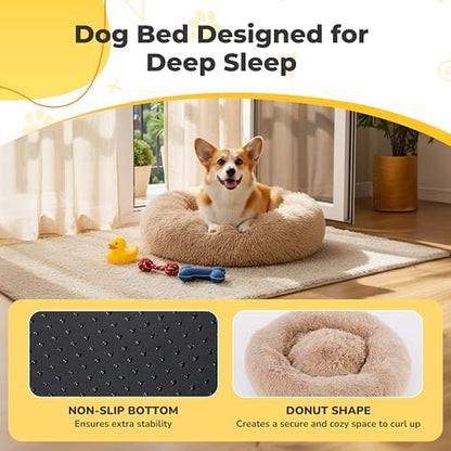 Soft Round Dog & Cat Bed, Anti-Anxiety Donut Cuddler with Anti-Slip Bottom Cozy Fluffy Pet Bed for Medium Large Dogs and Cats, 37inch, Brown
