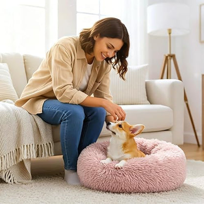 Calming Anti-Anxiety Donuts Dog And Cat Bed, Round Fluffy Soft Washable Small Medium Pet Bed For Puppy And Kitten, Cuddler Warming Comfortable Luxury Anti-Slip Waterproof Mute Base 24in Pink