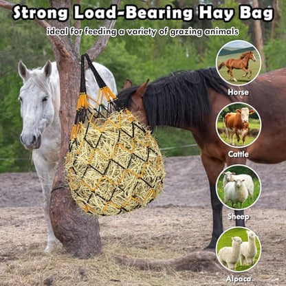 3PCS Hay Net for Horses - Ultra Slow Feed Hay Net with 3 Pairs Gloves, 2.36"x2.36" Holes 40” Horse Slow Feed Hay Nets for Stall, Trailer, Pasture - Heavy-Duty Hanging Feeders (Black+Yellow+Green)