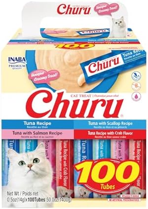 INABA Churu Cat Treats, Lickable, Squeezable Creamy Purée with Vitamin E, 0.5 Ounces per Tube, 100 Tubes Total, Tuna Variety