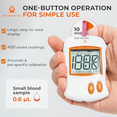 Pet Blood Sugar Glucose Monitoring Kit for Dogs and Cats - Pet Glucose Diabetic Monitor System - Accurate Diabetes Testing 2 Code-Chips for Dog/Cat, Lancets - Monitor + 50 Test Strips