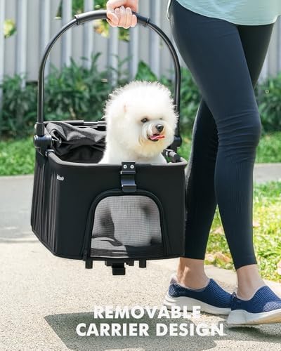 4 Wheels Pet Stroller, Dog Stroller for Small/Medium Dogs and Cats up to 33 lbs, One-Click Fold & Draggable, Removable Carrier, Zipperless Entry, Mesh Windows, Black