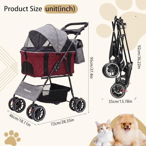 2-in-1 Foldable Pet Stroller 4-Wheel for Small Dogs & Cats,Dark Gray +Red