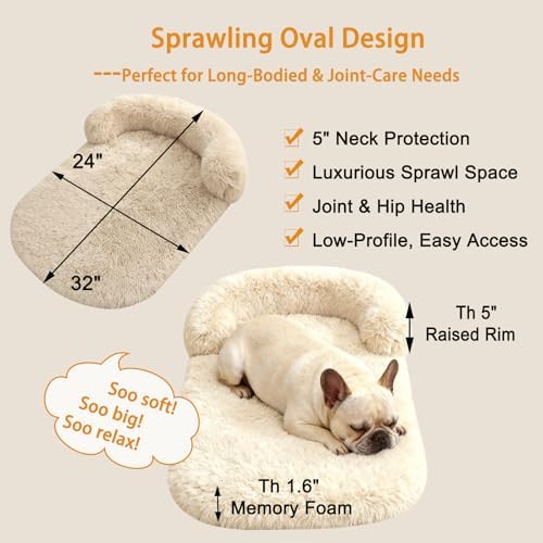 Orthopedic Dog Bed with Egg-Crate Base, Calming Dog Beds Fluffy Plush Faux Fur with Raised Edges, Spine Friendly Pet Sleeping Mat for Medium Large Dogs, Machine Washable (Oval, Beige 32"x24")
