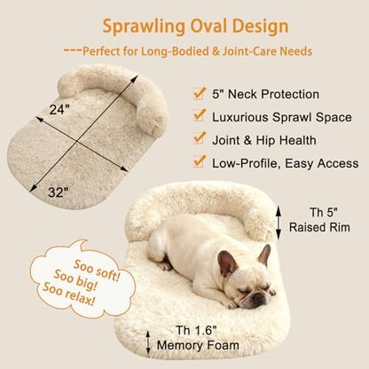 Orthopedic Dog Bed with Egg-Crate Base, Calming Dog Beds Fluffy Plush Faux Fur with Raised Edges, Spine Friendly Pet Sleeping Mat for Medium Large Dogs, Machine Washable (Oval, Beige 32"x24")