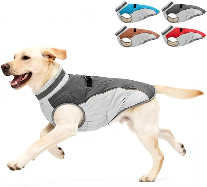 Dog Winter Coat for Large Dogs, Adjustable Puppy Warm Jackets in Cold Weather, Reflective Pet Fleece Vest with External Attachment Points, Zippered Cold-Weather Dog Winter Clothes, L Black