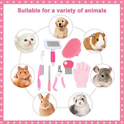 VCZONE Pink Small Animal Grooming Kit with Nail Clipper, Flea Comb, Shampoo Brush, Slicker Brush, Massage Glove for Rabbits