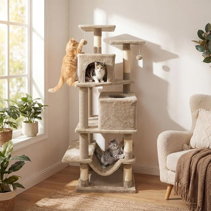 DORTALA 57" Tall Cat Tree, Multi-Level Cat Tower with 2 Large Condos, Sisal Scratching Posts, Top Perch, Hammock, Pet Play House Climbing Furniture for Indoor Adult Cats & Kittens (Coffee)