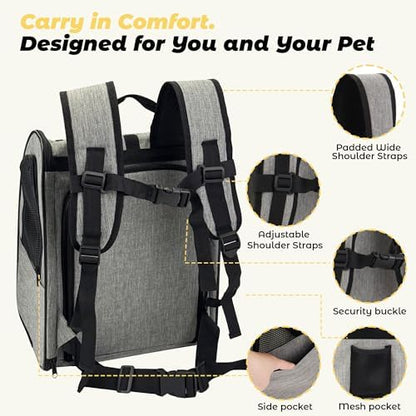 Zavothy Cat Backpack Carrier – Expandable Airline Approved Pet Travel Bag for Cats & Small Dogs, Breathable Mesh Pet Carrier Backpack with Padded Base (Grey)