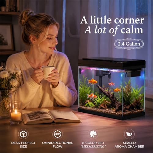 BARKBUDDY 2.4 Gallon Desktop Betta Fish Tank, All-in-One Starter Kit with Ultra-Quiet 3-in-1 Pump, 8-Mode LED, Temperature Display & Aroma Mist, for Office, Bedroom & Kid's Room