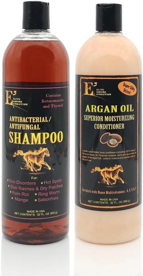 E3 Antibacterial Shampoo + E3 Argan Oil Conditioner Set for Horses and Dogs - Professional Grooming Duo (2 x 32 fl oz) - High-Shine, Detangling & Hydrating Formula for Manes, Tails, and Coats